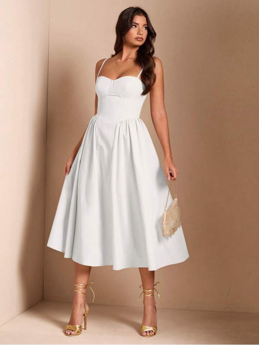 Elegant White Spaghetti-Strap Midi Dress